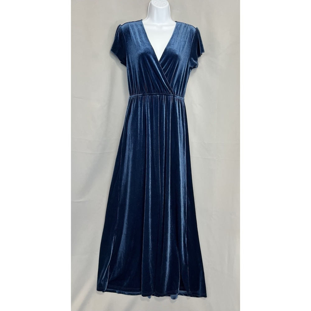 See And Be Seen Velvet Maxi‎ Dress S Blue Amber Flutter Sleeve Whimsigoth Fairy